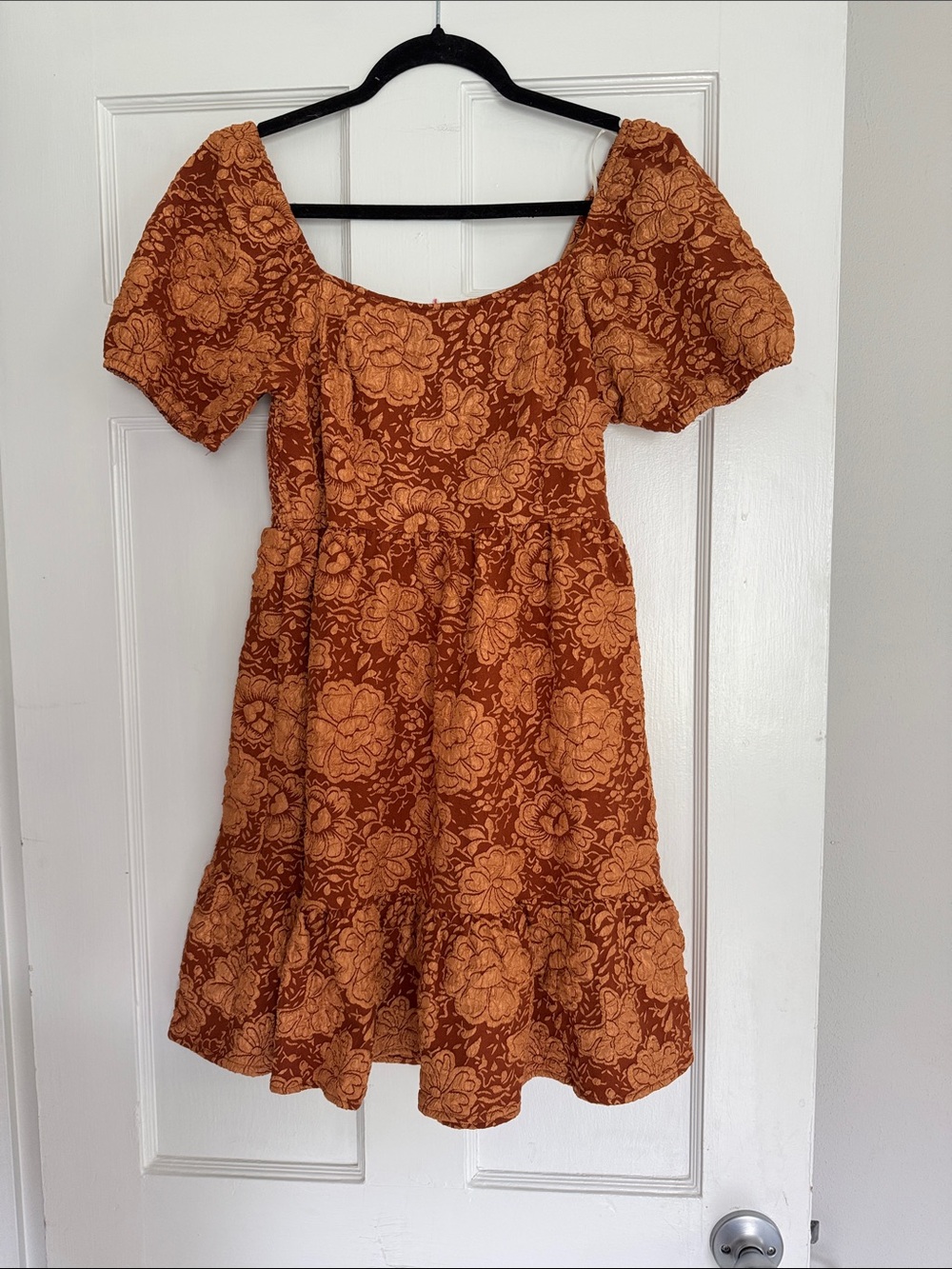 Umgee Rust-Orange Floral Jacquard Puff Babydoll Dress